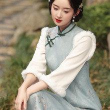 新中式改良中长款旗袍女秋冬季高端气质年轻少女中国风拼接连衣裙