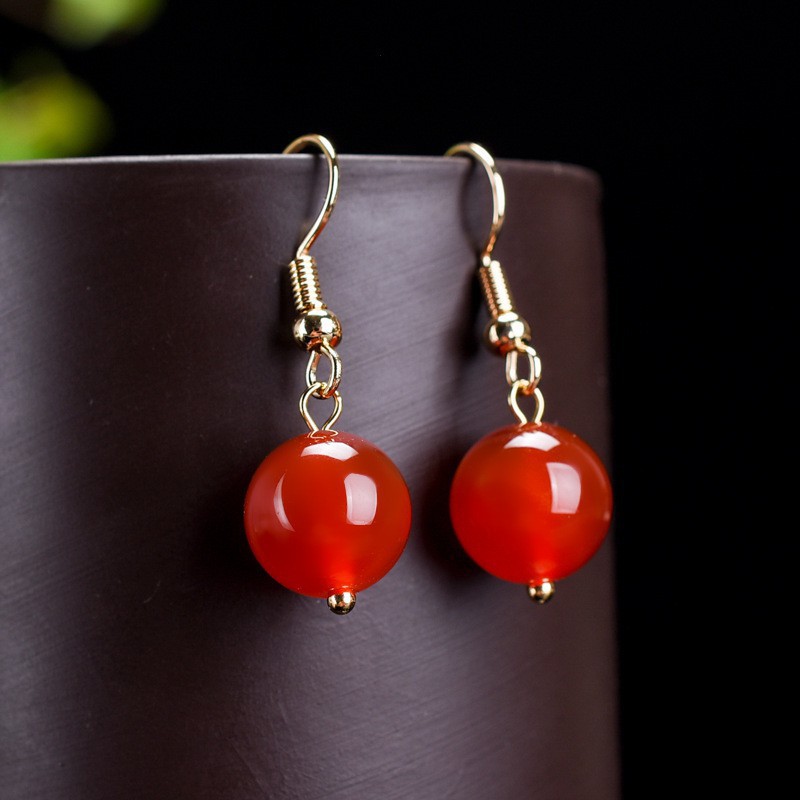 红玛瑙耳坠女款玉石耳环圆珠款耳坠大气女款简约款耳饰一件代发