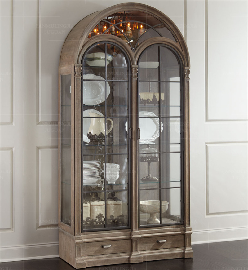 美式拱形半圆实木酒柜法式复古做旧客厅展示柜陈列柜古董柜餐边柜