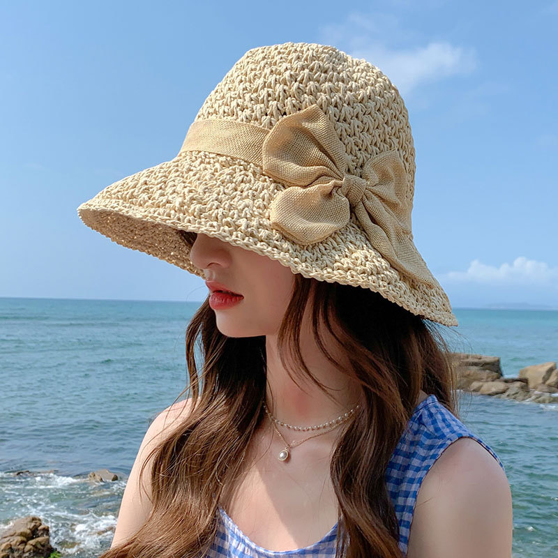 Straw Hat Women's Bow Woven Seaside Fisherman Hat Korean Style Fashionable Face-Covering Sun Hat Internet Celebrity Sun-Proof Sun-Proof Hat