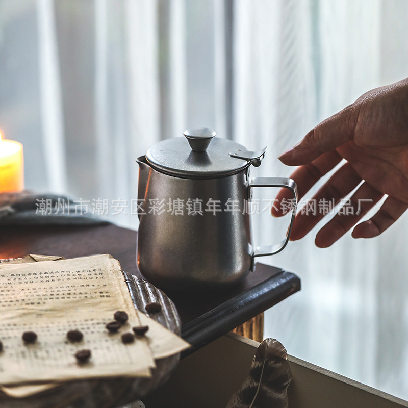 日式青芳不锈钢复古做旧咖啡壶带盖水壶奶壶户外露营壶登山便携