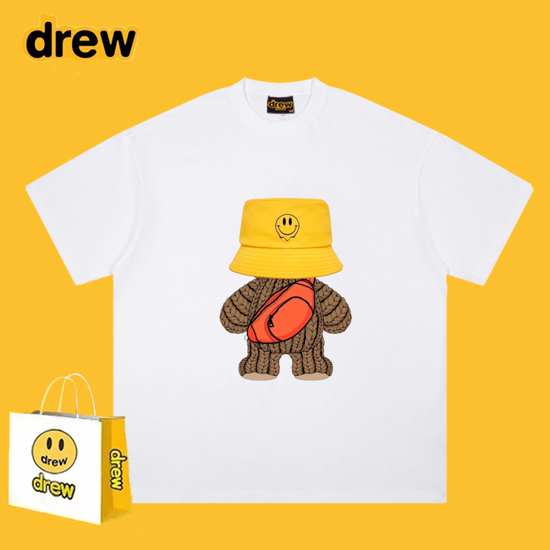 跨境drew短袖联名泰迪熊笑脸印花t恤重磅260g纯棉高街宽松男短袖