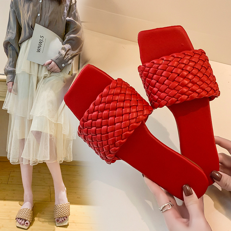 Plus Size Slippers Women's 2023 Summer One-Word Knitted Belt Outdoor Lightweight Women's Sandals with Gauze Dress Beach Shoes for Women