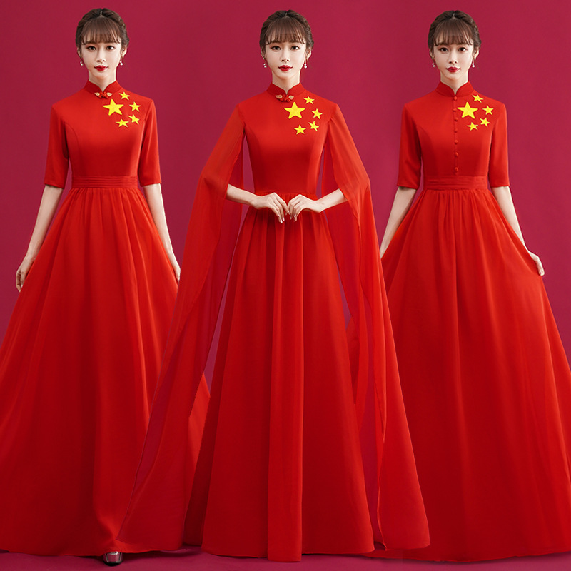 红歌合唱团演出服女长裙舞台朗诵建党表演服装大合唱指挥主持礼服