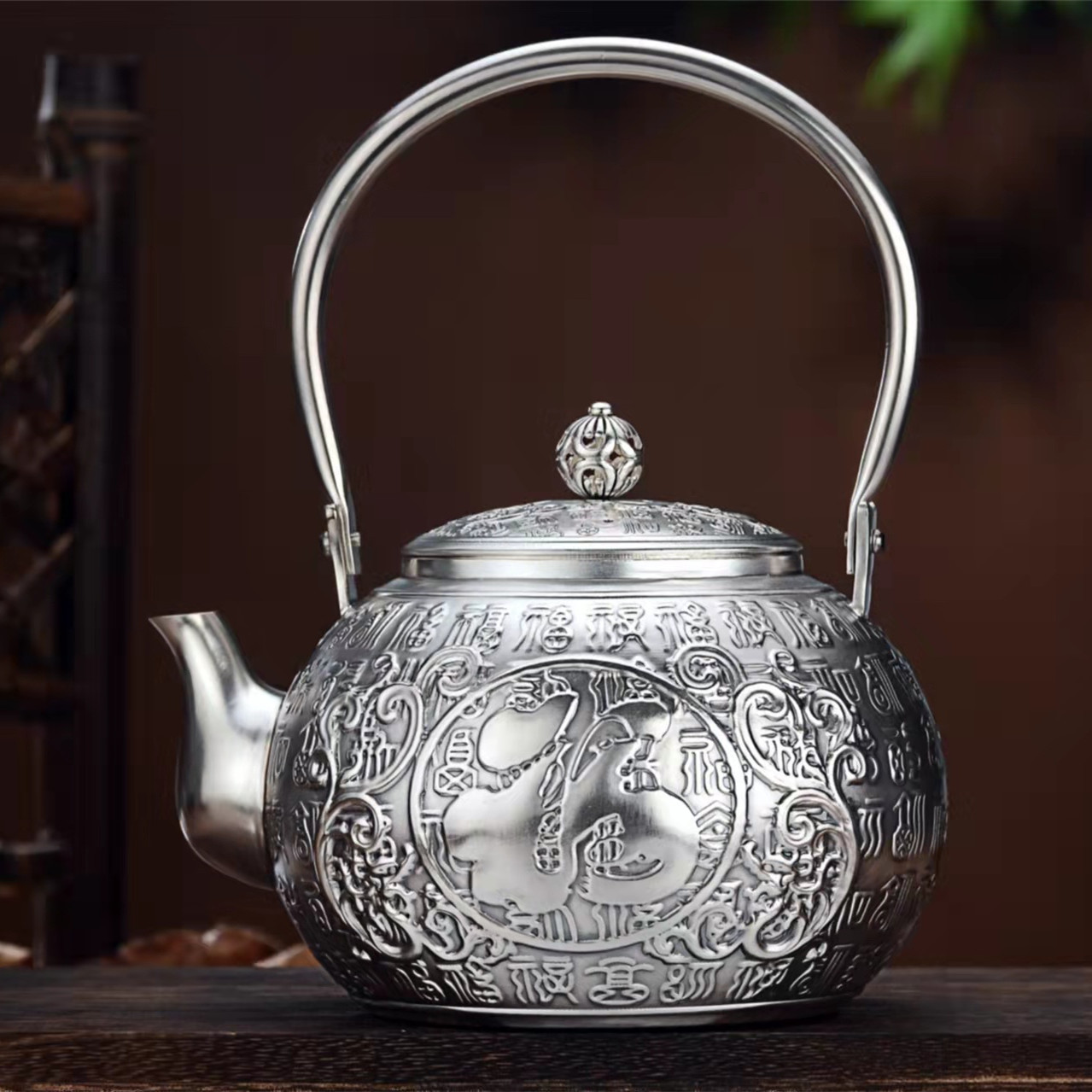 一件代发 银壶泡茶纯银999百福图烧水壶中式家用复古手工银茶壶