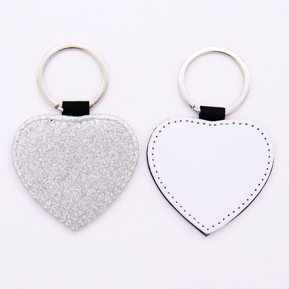 Sublimation Blank PU Leather Heat Transfer Printing Heart-Shaped Litchi Pattern Glitter Powder Keychain Christmas Ornament Source Manufacturer