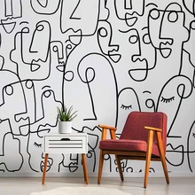 北欧手绘抽象墙纸简约黑白线条个性人脸壁纸餐厅沙发艺术无缝墙布