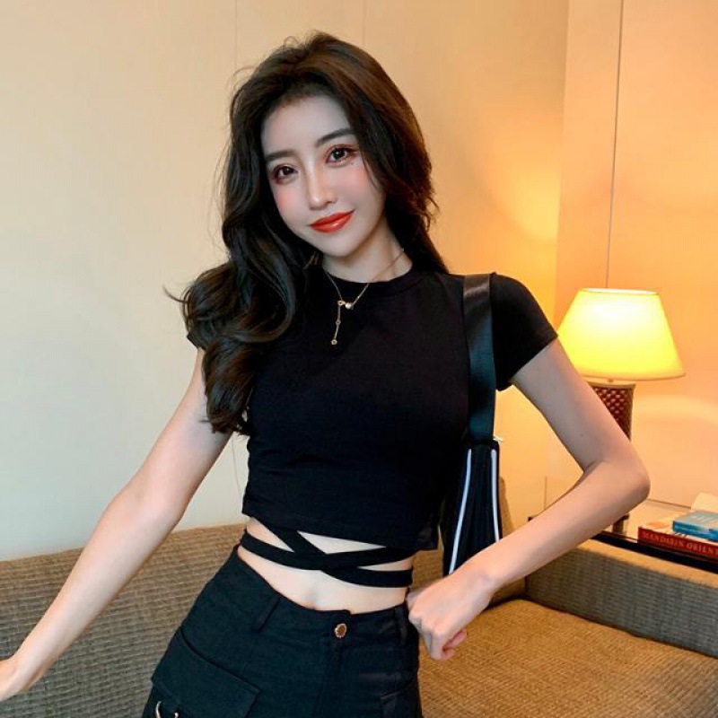 黑色短袖t恤女短款上衣短装泫雅风绑带高腰露脐紧身打底衫