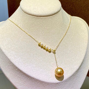 18k金珍珠项链 爱迪生浓金珍珠y字项链路路通6 1金典k金锁骨套链