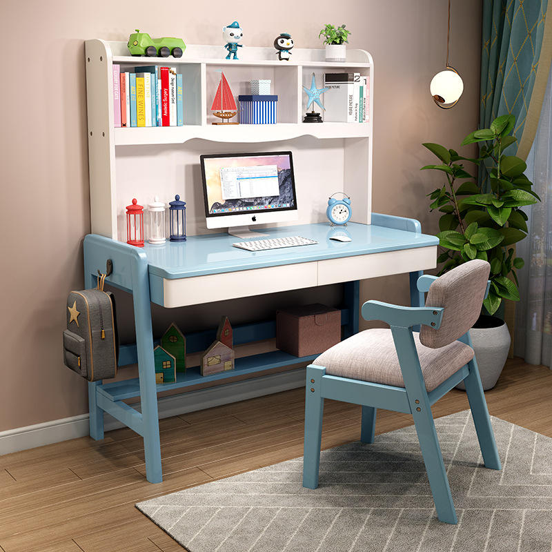 实木书桌书架一体儿童房学习桌椅子可升降家用卧室中小学生写字桌最新