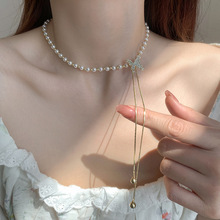 抽拉可调节珍珠项链女夏季韩版气质网红设计感蝴蝶吊坠锁骨链颈链