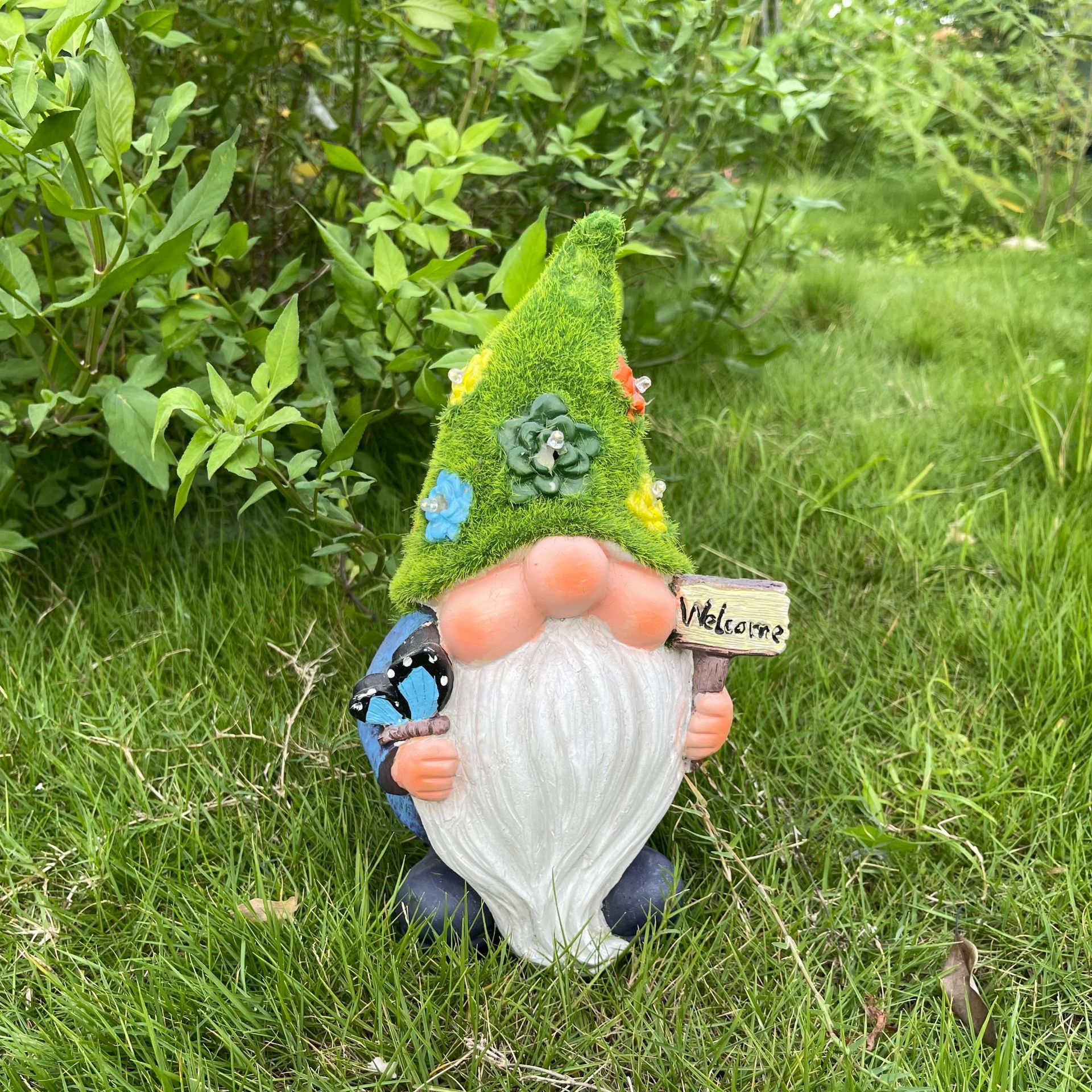 树脂植绒地精 户外太阳能树脂小矮人摆件 花园雕塑老人装饰亚马逊