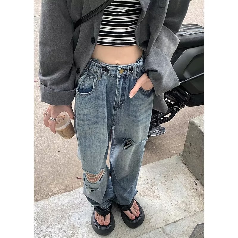 Cross-Border plus Size Fat Sister High Waist Ripped Jeans Women's Loose Straight Trousers Wide Leg Pants Daddy Pants Pants in