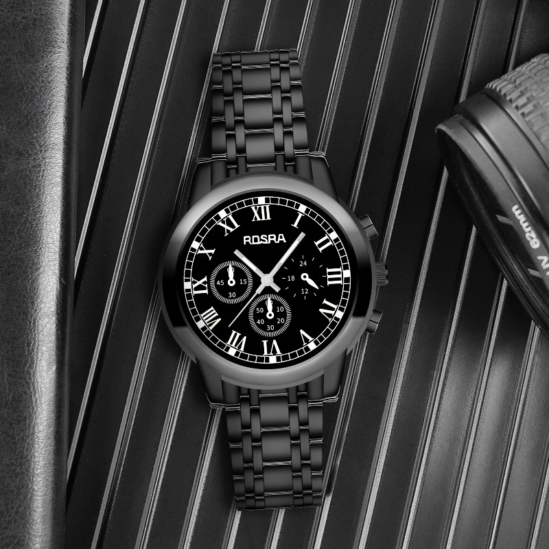 新款热卖男士石英手表时尚休闲三眼表盘钢带腕表男生表一件代发