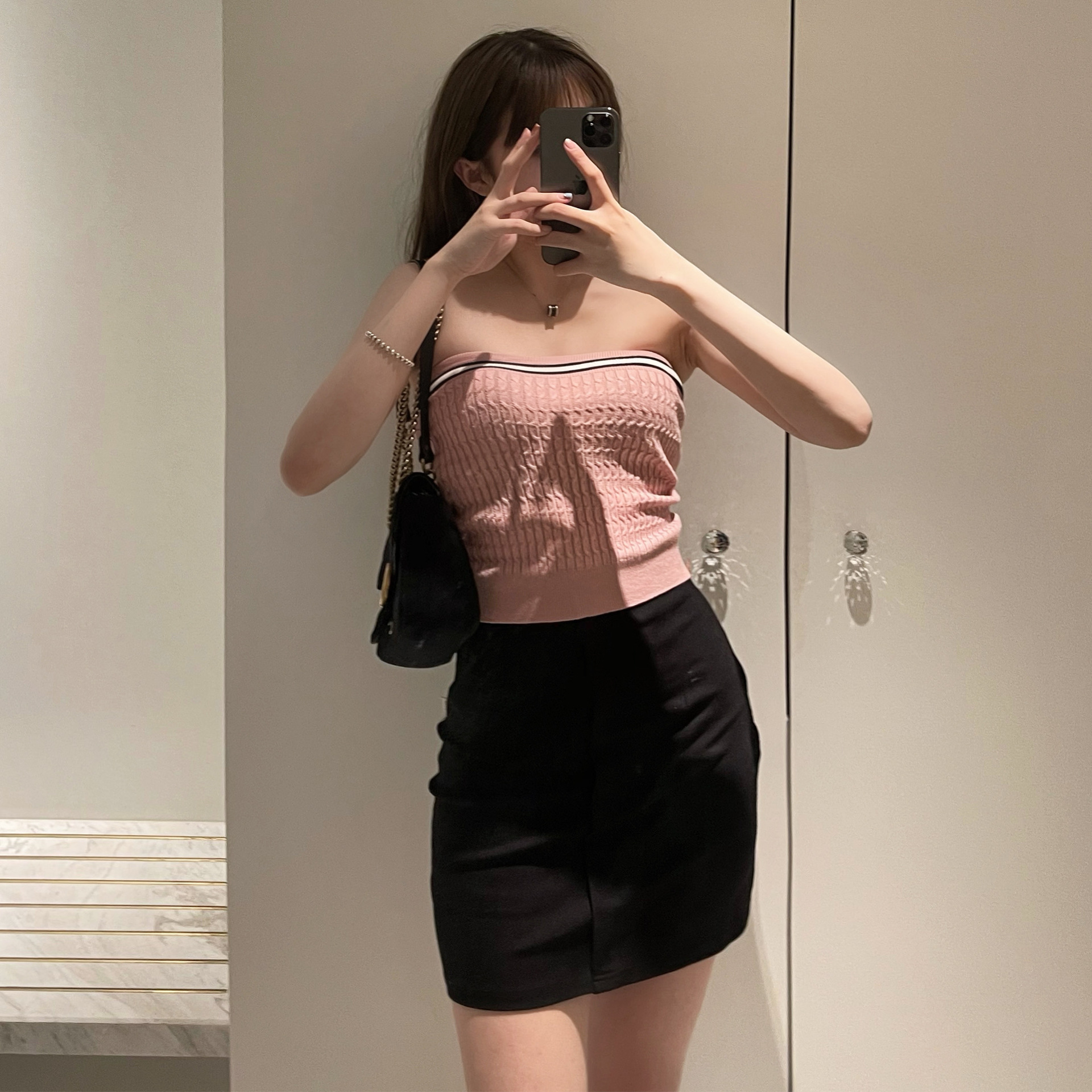 2021夏季新款撞色条纹针织裹胸短款露肩无肩带上衣女