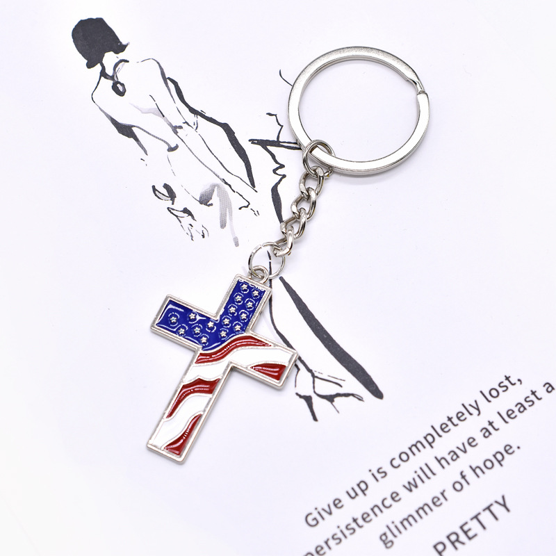 Fashion Simple American Flag Cross Keychain Flag Colors Drop Oil Blue Red White Kirsite Key Ring