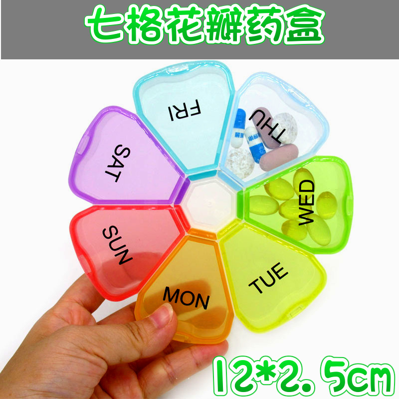 Seven-Day round Portable Mini Seven-Grid Pill Box Transparent Colorful Large Petal Tablet storage Sub-Packing Medicine Box