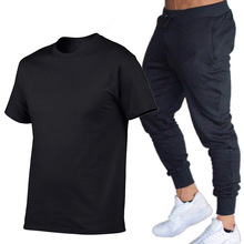外贸夏季男士休闲短袖+小脚裤套装跑步运动棉质圆领T恤长裤两件套