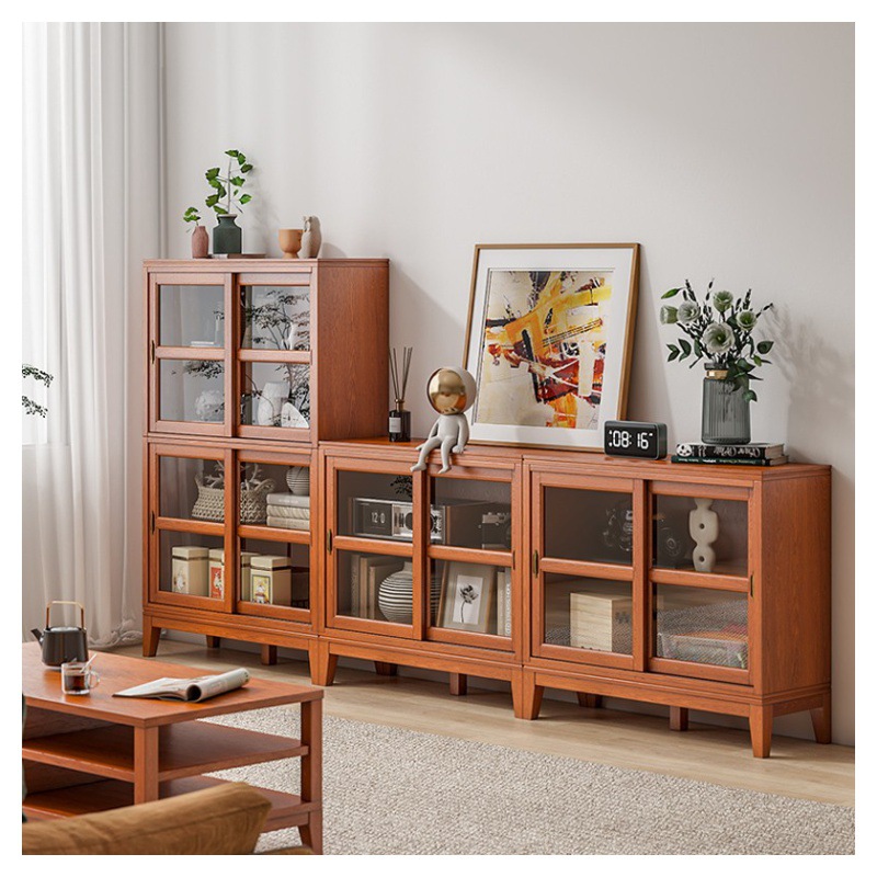 美式实木书柜书架带玻璃门落地矮柜子推拉门客厅防尘组合储物柜