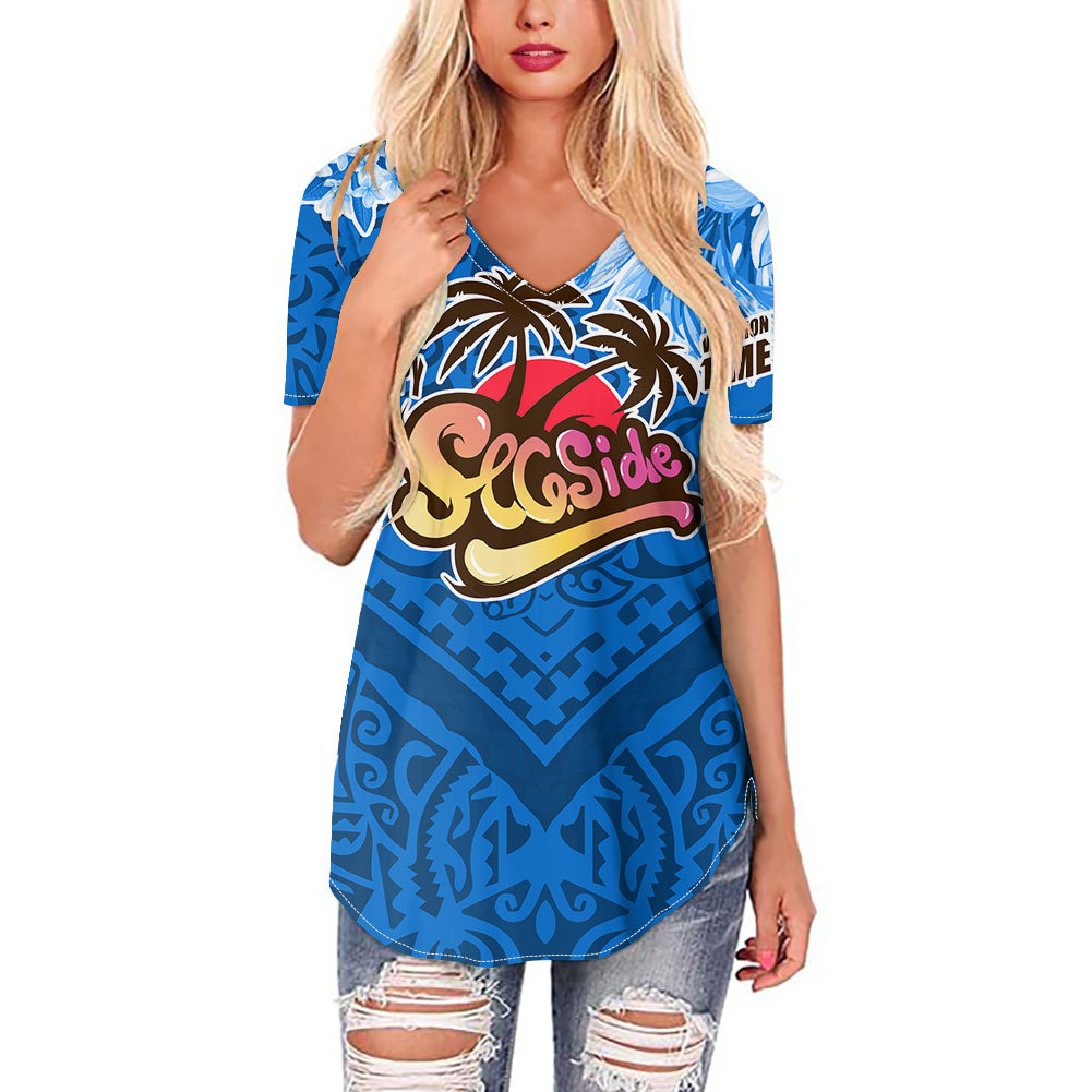 shopify夏威夷潮流运动短袖t恤来图定制长摆女式v领上衣一件代发