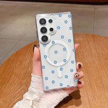 独立站热销蓝色花朵适用三星GalaxyS24/S23透明磁吸壳硬壳保护套