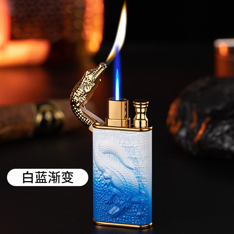 Creative Double Fire Crocodile Three-Dimensional Relief Direct Punch Change Open Fire Gas Lighter Metal Lighter Best-Selling