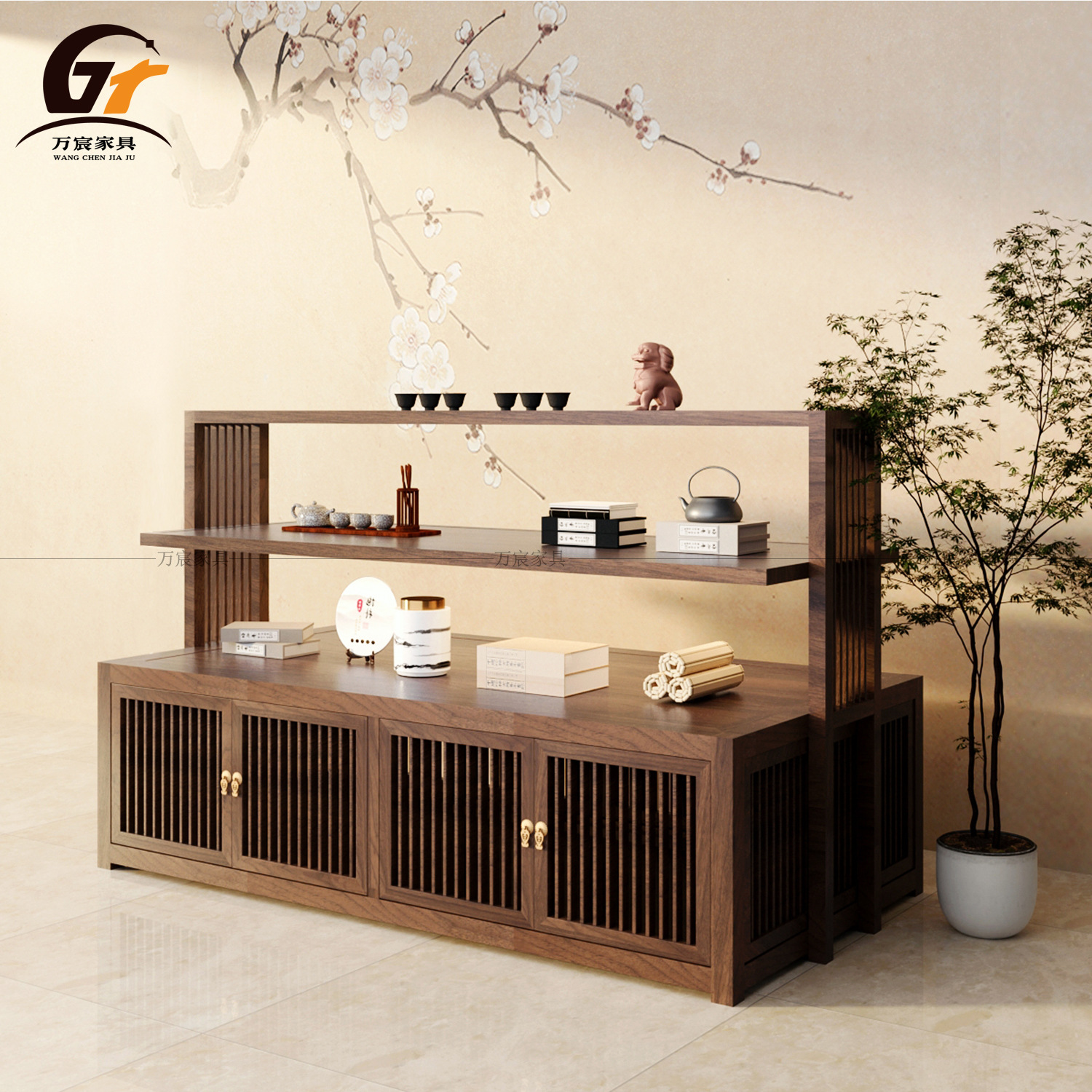 新中式茶叶中岛柜茶盘中岛台茶具展示架实木展厅流水台禅意陈列柜