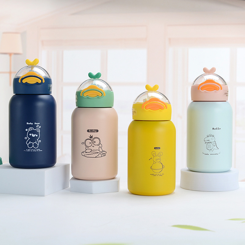 Spot Goods Small Yellow Duck Children's Straw Sippy Cup 304 Stainless Steel Thermos Cup Cute Girls Universal Thermal Insulation Kettle