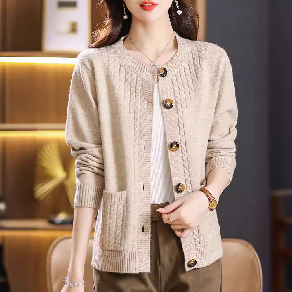 【羊绒世家】羊毛开衫外套女中年妈妈宽松麻花针织衫外搭毛衣短款