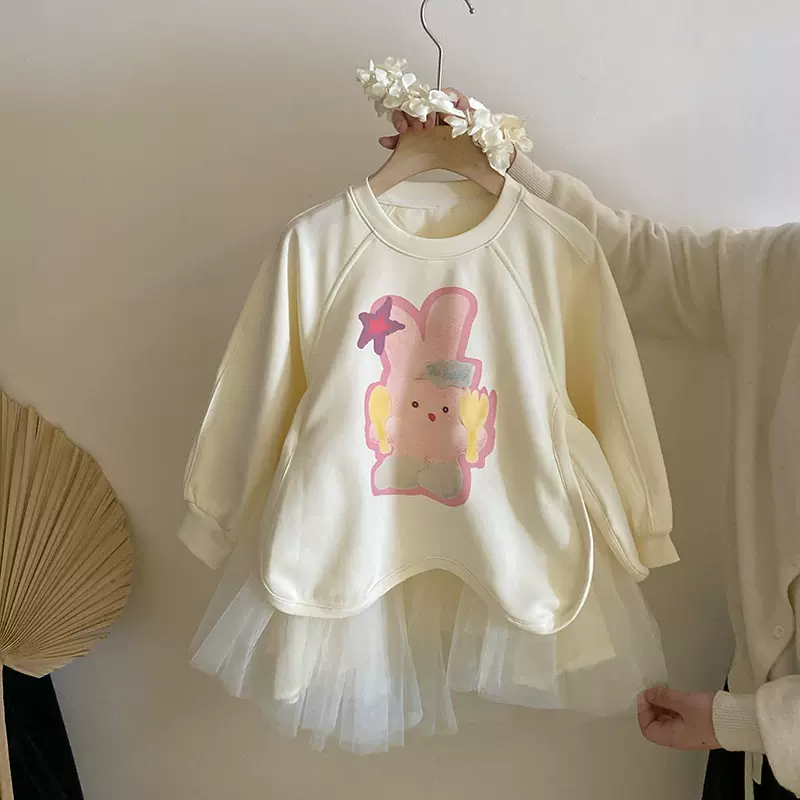 女童韩版甜美网纱拼接卡通卫衣裙2025春季新款设计感开叉公主裙潮