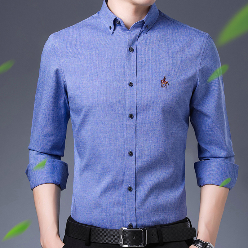 New Long Sleeve Shirt Men's Slim Fit Business Leisure Iron-Free Formal Wear Draping Bamboo Fiber Blue Business Shirt Tide