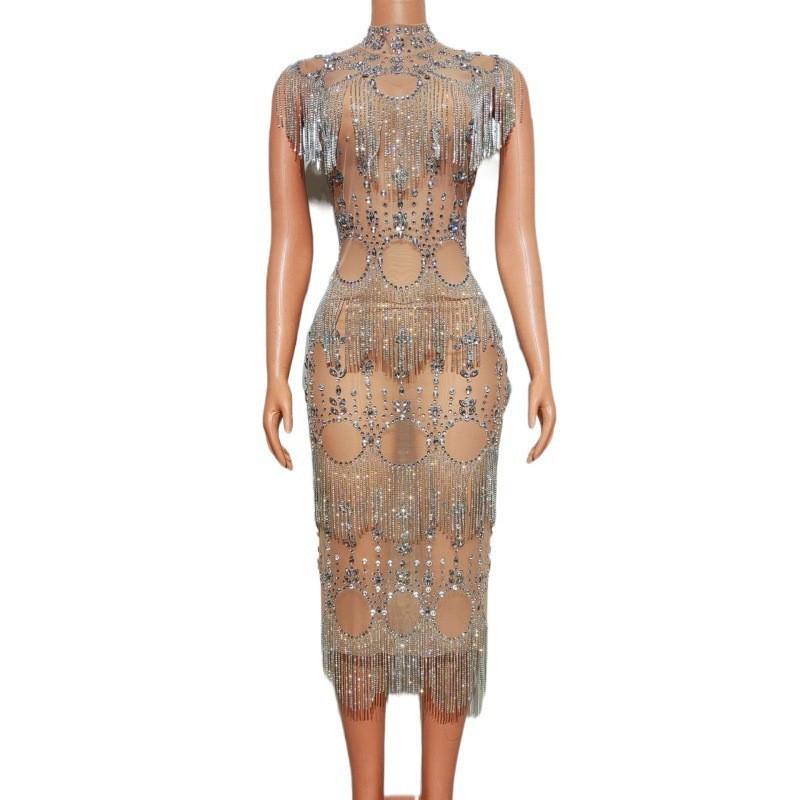 跨境欧美演出服夜店酒吧女满钻流苏链条无袖连衣裙长裙歌手模特