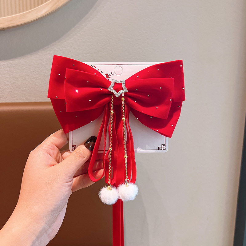 Red Bow Hairpin Children's New Year New Year Headwear Girl's Back Ribbon Hairpin Girl's Rabbit Year Hair Accessories