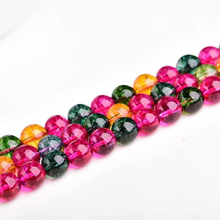 水晶西瓜碧玺爆花晶 半成品 圆珠 串珠 散珠子 diy饰品配件材料饰
