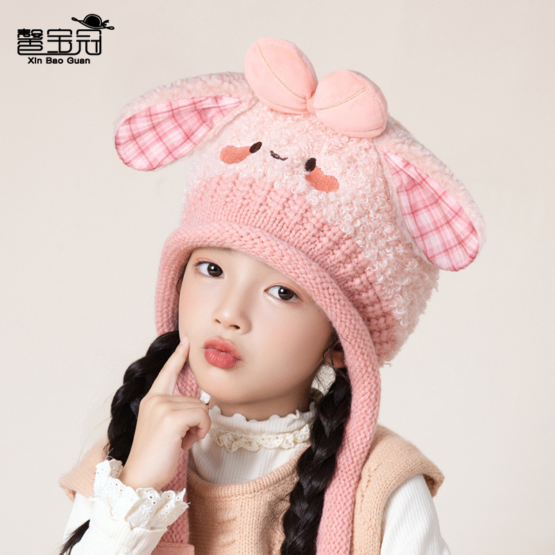 children‘s the girl in the hat winter fleece-lined earflaps head-wrapping knitted hat baby cartoon cute plush warm wool hat