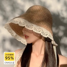 大帽檐飘带蕾丝边太阳帽女夏季户外海边可折叠草帽镂空显脸小帽子
