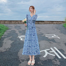 跨境韩国新款洋装春夏季碎花长袖连衣裙女御姐风收腰显瘦雪纺长裙