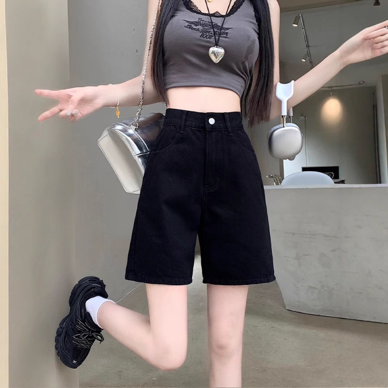 黑色牛仔五分裤女夏季薄款5分短裤高腰宽松显瘦大码阔腿直筒中裤