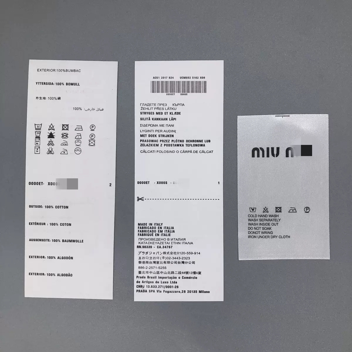 miumiu服装辅料大牌缪缪吊牌吊粒领标洗水标包装袋现货