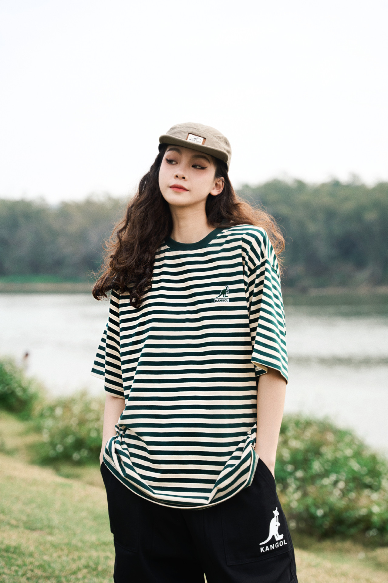 韩版kangol袋鼠短袖刺绣宽松简约字母条纹圆领t恤ins男女情侣款潮