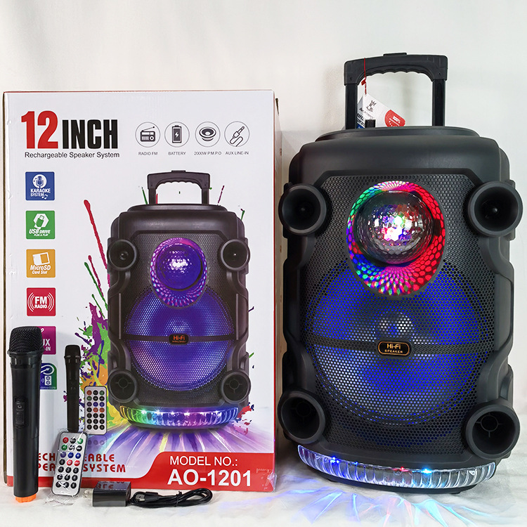 AO-1201 Bluetooth Speaker Large Volume Outdoor Pull Rod Speaker Box 12-Inch High Power Wireless Microphone Karaoke Speaker