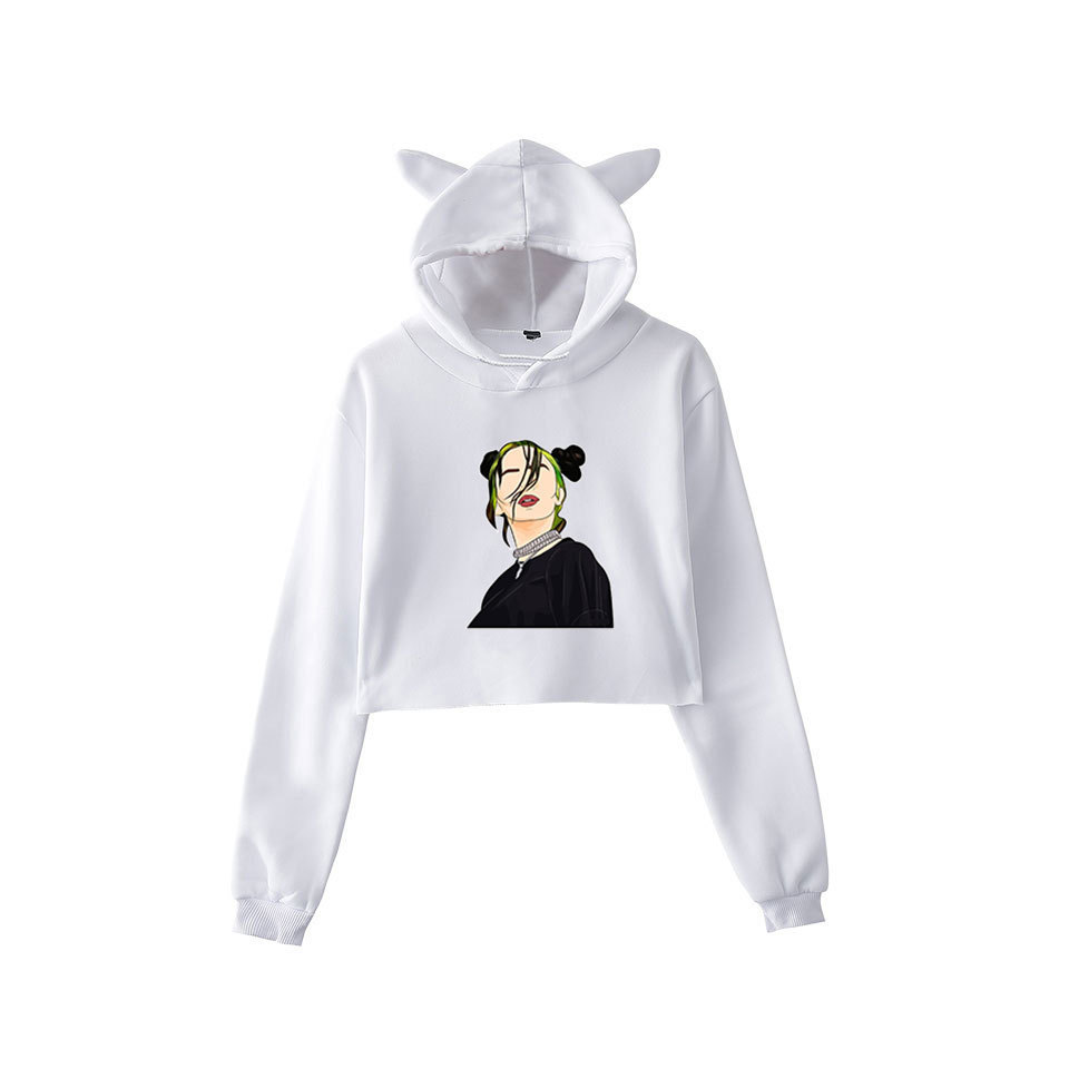跨境潮流欧美歌手billie eilish猫耳朵露脐女式连帽卫衣06-阿里巴巴