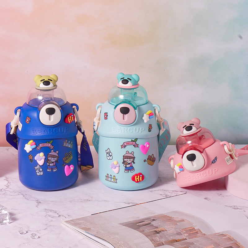 Creative Design Bear Water Cup Factory Wholesale Children's Cartoon Stickers Big Belly Cup Summer Cooling Belt Straw Cup