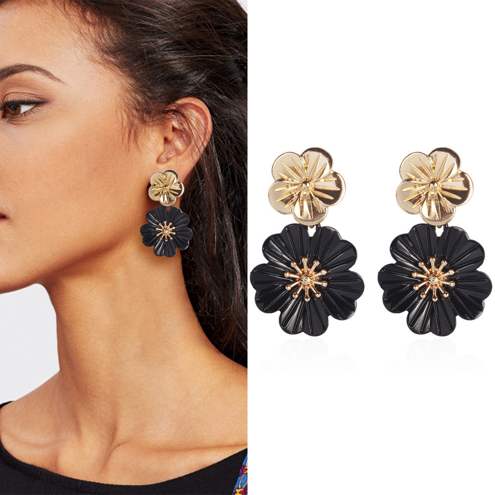 时尚精品 黑金色花朵耳坠耳环 一件代发 韩国东大门饰品