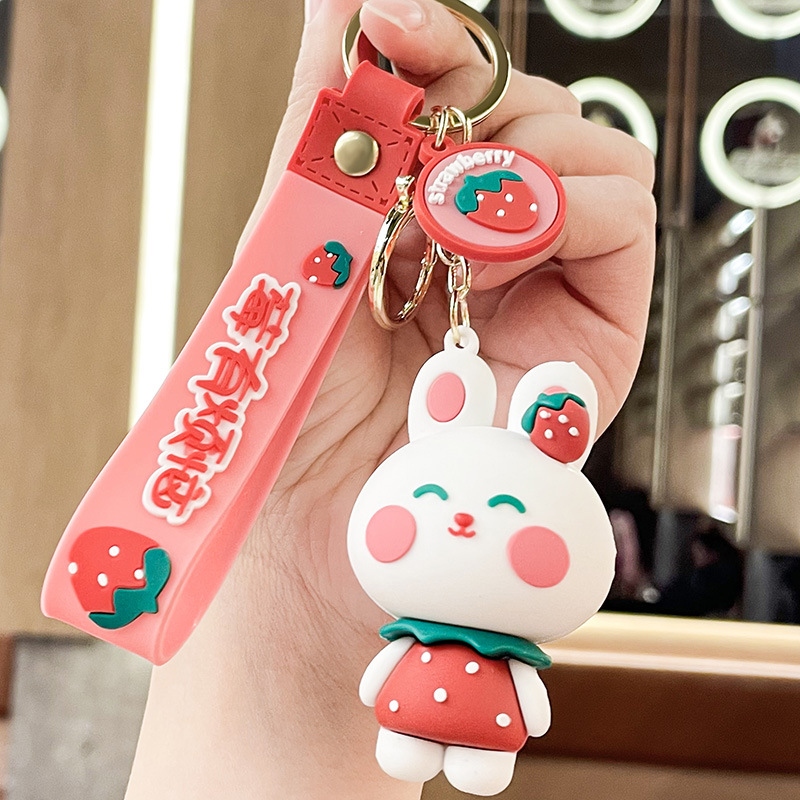 Creative Cartoon Fidget Cube Strawberry Bear Keychain Pendant Lovely Bag Key Ring Pendants Small Gift Wholesale