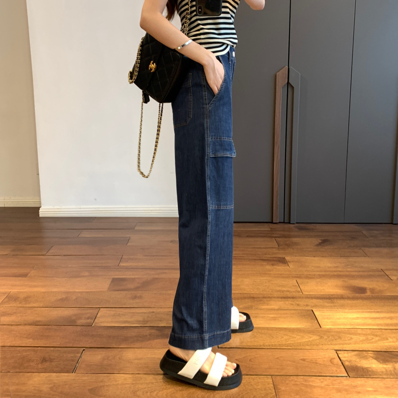 柔软轻薄 斜纹弹力棉牛仔布工装贴袋宽松显瘦牛仔阔腿裤薄-阿里巴巴