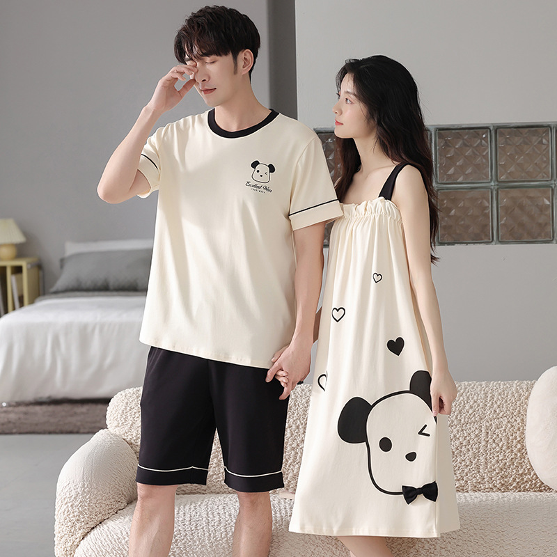 情侣睡衣夏季薄款纯棉吊带睡裙女可爱大码夏天男士短袖家居服套装
