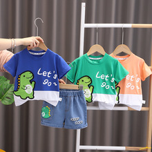 夏季韩版短袖童装男童拼色恐龙两件套童套装小童外贸夏装代发