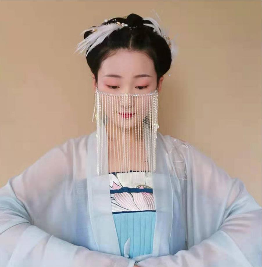 复古风汉服面具半脸装饰造型道具风女流苏遮面帘发饰遮脸遮嘴