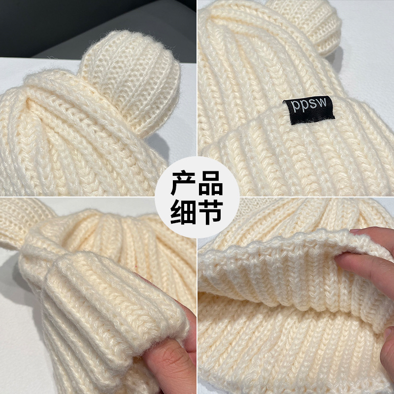 Cute Bear Cap with Ears Women's Winter Korean Style All-Matching Woolen Hat Japanese Style Big Head Circumference Warm Ear Protection Knitted Hat